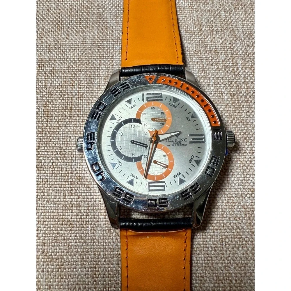 ICE KING Mens Orange Leather Strap Chronograph Watch Silver Dial Water Resistant